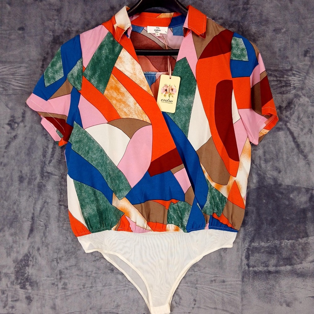 Entro Shirt Womens Large Multicolor Abstract Surplice Bodysuit Top Short Sleeve‎